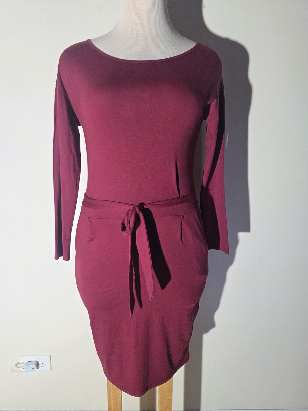 PrettyGarden Long-Sleeve Tie-Waist Dress in Deep Berry (Size L) **NWT